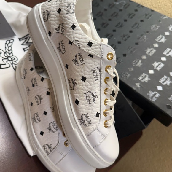 MCM White Leather Sneakers with Logo Pattern - Picture 5 of 13